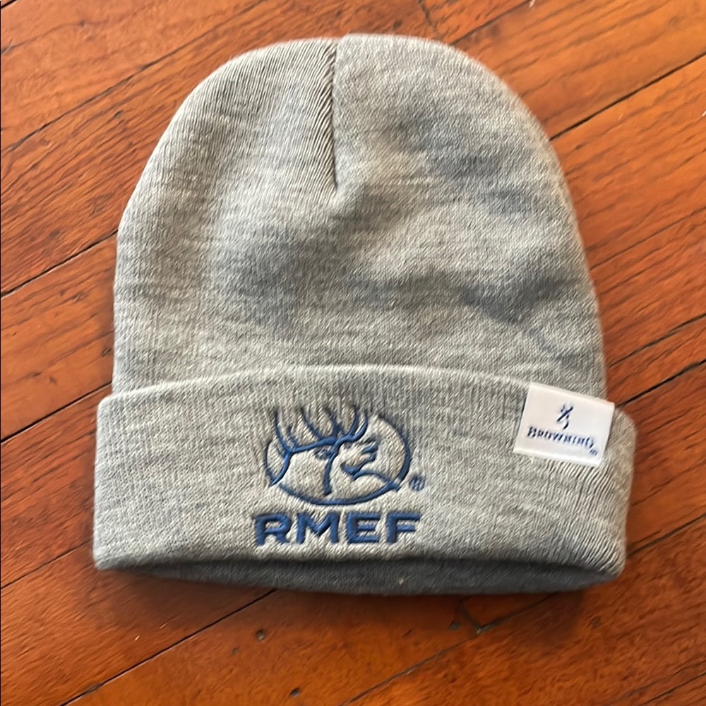 Gray Beanie with Blue Embroidery